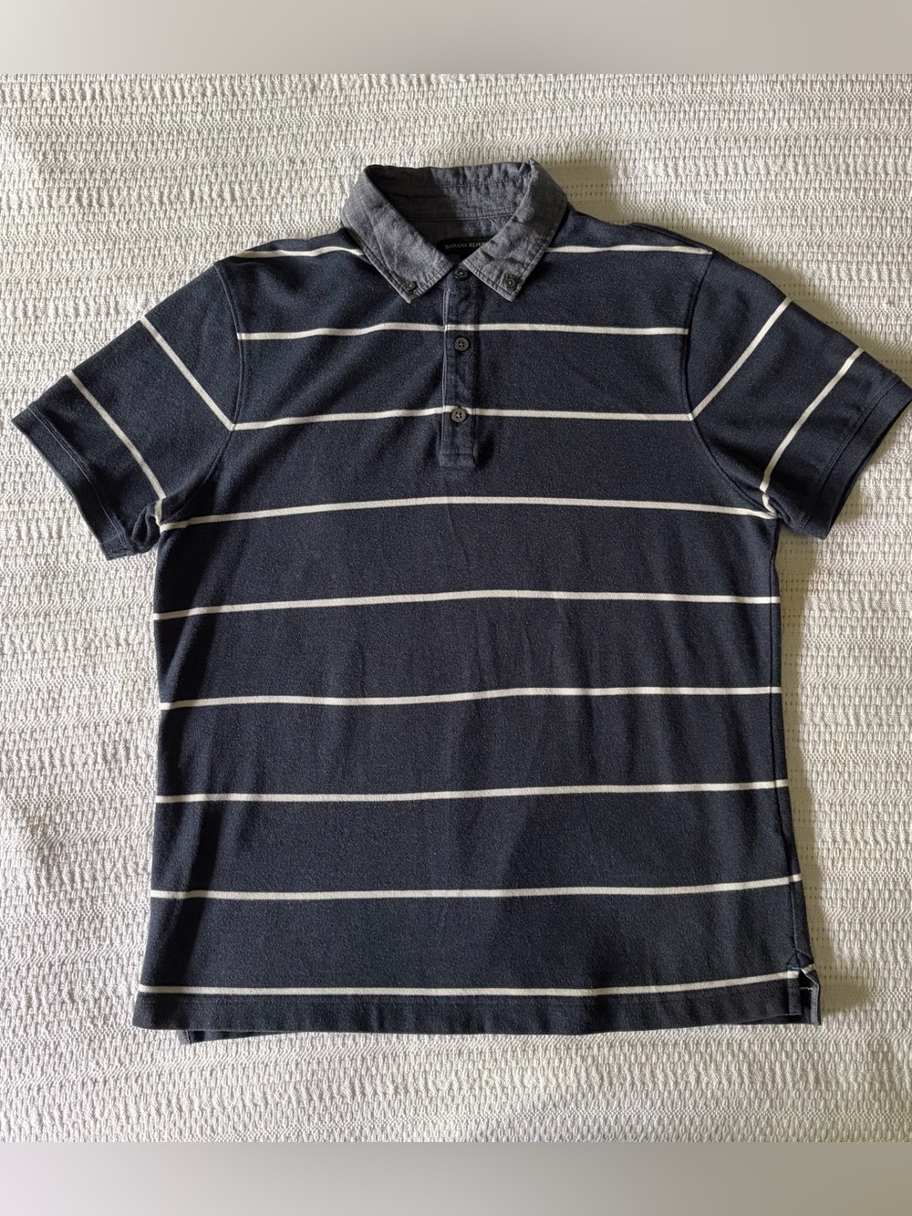 Banana Republic Men’s Navy & White Striped Polo with Denim Collar